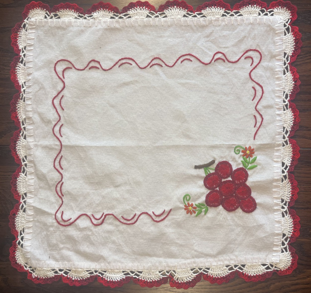 Vintage OOAK Handmade Doily Cherries Granny Red White